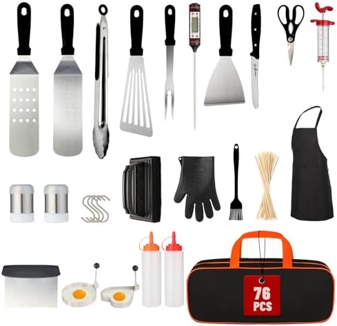 76PCS Griddle Accessories Kit – Flat Top Grill Tools Set with Spatulas, Scraper, Thermometer & Storage Bag – Outdoor Cooking Utensils for Camping, Hibachi, Tailgating & Backyard BBQ