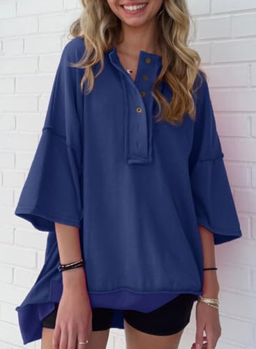 AlvaQ Women's Oversized T Shirts Short Sleeve Henley Neck Summer Tops Casual Loose Basic Tee Shirts 2024 Trendy Clothes Tunic Blouse Blue Large