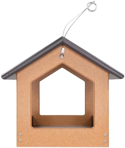 Amish USA Made Recycled Plastic Large Hanging Modern Fly Through Covered Roof Open Platform Tray Bird Feeder for Outdoors, Garden, Yard (Black & Bright Cedar)