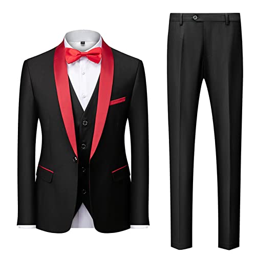 Men's Wedding 3 Piece Suits Slimming One Button Shawl Lapel Business Blazer Formal Dinner Party Jacket Vest Pants (Red,Small)
