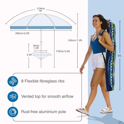 AMMSUN 7ft Heavy Duty High Wind Beach Umbrella with sand anchor, Built-in Table Tray & Tilt Pole, UPF 50+ Windproof Portable Outdoor Umbrellas Carry Bag for Patio Garden Pool Backyard stripe (Haute