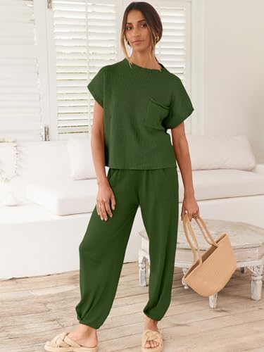 ANRABESS Women's Two Piece Outfits Knit Sweater Pullover Crop Top & Pants Lounge Matching Tracksuit Sweatsuit Sets 2024 Trendy Loungewear Clothes Amy Green X-Small