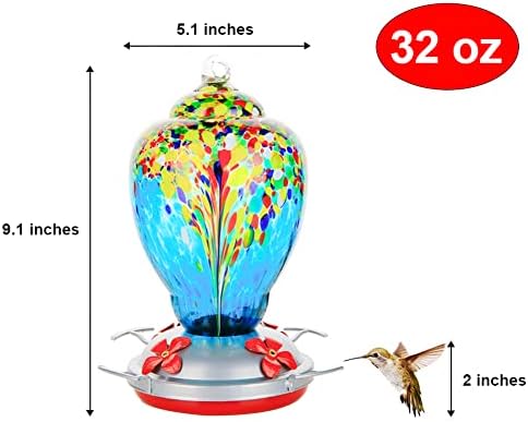 WOSIBO Hummingbird Feeder for Outdoors Patio Large 32 Ounces Colorful Hand Blown Glass Hummingbird Feeder with Ant Moat Hanging Hook, Rope, Brush and Service Card (Blue-White)