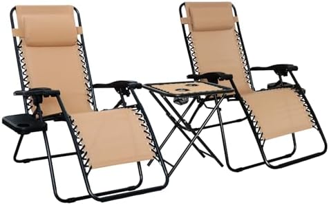 Amazon Basics Outdoor Patio Mesh Adjustable Zero Gravity Lounge Chair Recliners set of 2 with Side Table, 35 x 26 x 43 inches, Beige