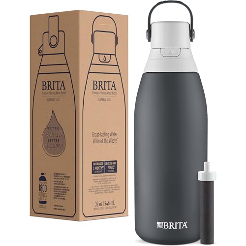 Brita Insulated Filtered Water Bottle with Straw, Reusable, Christmas Gift and Stocking Stuffer For Men and Women, Stainless Steel Metal, Carbon, 32 Ounce