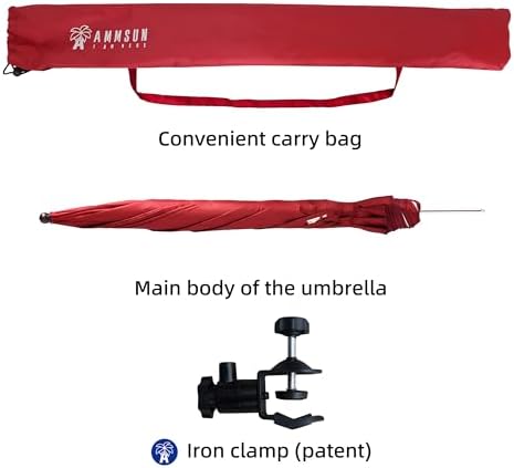 AMMSUN XL Chair Umbrella with Universal Clamp Adjustable 52 inches and 360-degree Swivel UPF 50+, Portable Clamp on Camping or Beach Chair, Stroller, Wheelchair, Golf cart, Red, Large-sized