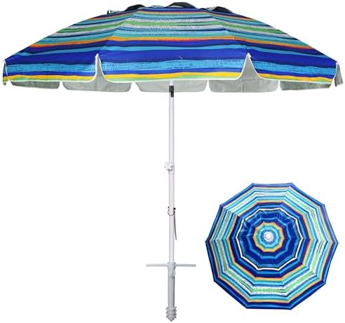 AMMSUN 8 Feet Large Beach Umbrella with Sand Anchor Heavy Duty High Wind Portable Outdoor Umbrellas UV 50+ Protection Air Vent Tilt Patio Garden Pool
