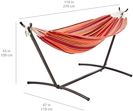 Amazon Basics 2 Person Heavy Duty Double Hammock with 9-Foot Space Saving Steel Stand and Carrying Case Outdoor, 450 lb Capacity, Sunset Orange, Stripe, 110 x 47 x 43 Inches