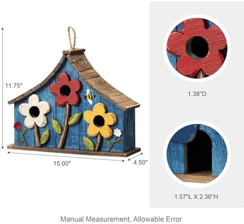 Glitzhome Bird Houses for Outside, 15" L Oversized Distressed Solid Wood Birdhouse with 3D Flowers Rustic Three-Story Villa Decorative Hand-Painted Hanging Bird Houses for Outdoors,Washed Blue