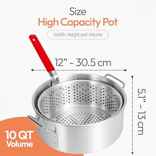 Aluminum Fish Fryer Pot with Basket | 10QT Deep Frying Pot with Handle | Outdoor Oil Fryer pan with Fry Basket | Cooking Pot | Fried Chicken, Fish, Seafood, Turkey Legs, French Fries