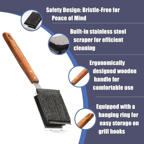 Grill Brush Bristle-Free Stainless Steel Safely Steam Grill Cleaner for Outdoor Grill Larger Brush Head Design,Wood Handle with 1 Replacement Head,All Types of Grills Ideal Gift for Dads