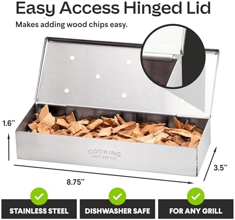 BBQ Smoker Box Kit – Stainless Steel Smoker with Hinged Lid, Apple Wood Chips, Hickory Salt – Grilling Accessories and Grilling Gifts for Men – Great Birthday Gifts for Men Who Love to BBQ