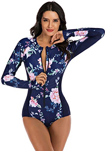 Akaeys Women's Long Sleeve Zip Front Swimwear UV Protection Printed Surfing Swimsuit One Piece Rashguard Navy-Floral