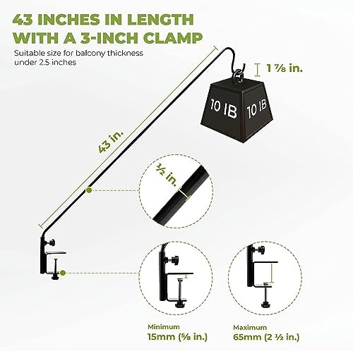 Idzo Deck Hook for Bird Feeder, 43in Deck Bird Feeder, Plant Hanger for Railing, 3in Non-Slip Clamp