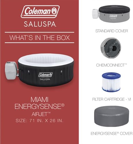 Coleman Miami AirJet Large Round 2 to 4 Person Inflatable Hot Tub Portable Outdoor Spa with 120 AirJets and EnergySense Cover, Black