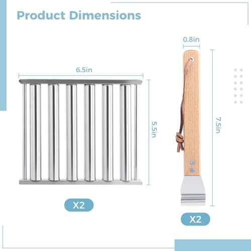 2Pcs Hot Dog Roller for Grill, Stainless Steel Sausage Roller Rack with Extra Long Wood Handle, BBQ Hot Dog Griller for Evenly Cooked Hot Dogs, 10 Hot Dog Capacity, 6.5 x 5.5 Inch