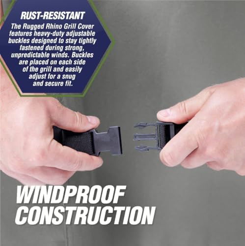 RUGGED RHINO Heavy Duty Grill Cover for Outdoor Grills, All Season Three Layer Waterproof Covers, UV Resistant, Windproof, Secure Buckle Closure, Grilling, Griddle, Outside Storage, 58x24x48, Gray