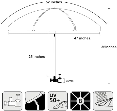 AMMSUN XL Chair Umbrella with Universal Clamp Adjustable 52 inches and 360-degree Swivel UPF 50+, Portable Clamp on Camping or Beach Chair, Stroller, Wheelchair, Golf cart, Blue, Large-sized