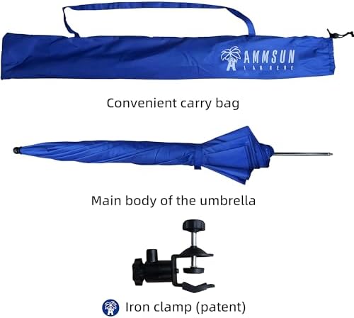 AMMSUN XL Chair Umbrella with Universal Clamp Adjustable 52 inches and 360-degree Swivel UPF 50+, Portable Clamp on Camping or Beach Chair, Stroller, Wheelchair, Golf cart, Blue, Large-sized