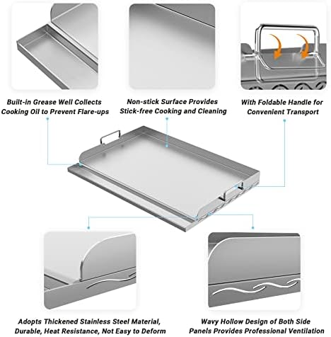 Skyflame Universal Stainless Steel Griddle Plate with Even Heating Bracing for BBQ Charcoal/Gas Grills, 23" x 16" Rectangular Hibachi Flat Top Griddle for Indoor/Outdoor Cooking
