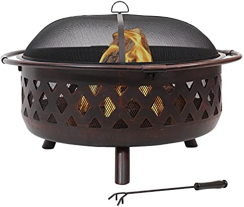 Sunnydaze Crossweave Outdoor Fire Pit - Wood-Burning Fire Pit for Outside with Spark Screen, Poker and Round Cover - 36-Inch - Bronze