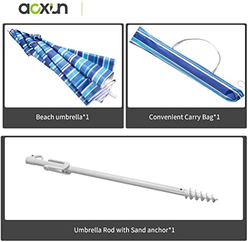 Aoxun Beach Umbrella with Tilt Pole, Portable Sand Anchor and Carry Bag, UPF 50+ Sun Shelter Air Vents Design for Outdoor Activities (Navy Blue & White), 6.5ft