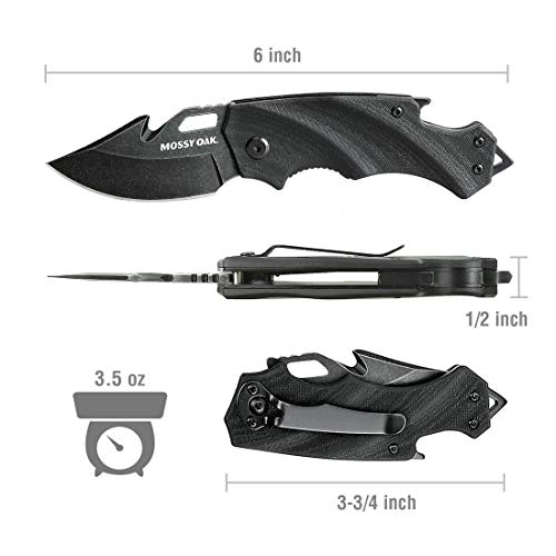 Mossy Oak Mini Folding Pocket Knife, 2.5-inch Stainless Steel Drop Point Blade - G10 Handle EDC Multifunction Tool with Bottle Opener and Glass Breaker (Black)