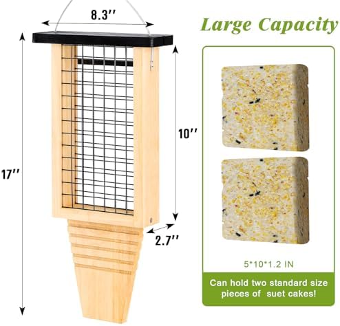 Wooden Suet Bird Feeder for Outside Hanging, Large Woodpecker Suet Feeder with Tail Prop, Hanging Bird Feeder for Wild Birds, 1 Pack, Black