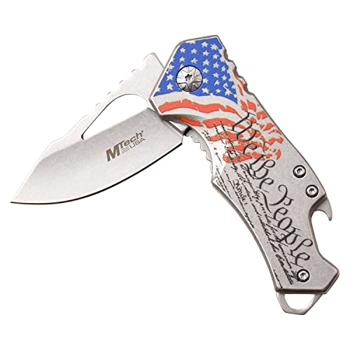 MTECH USA – Folding Knife – Stonewashed Stainless Steel Blade and Handle w/We The People Laser Etching, Frame Lock, Bottle Opener, Pocket Clip, EDC, MT-A882SAF
