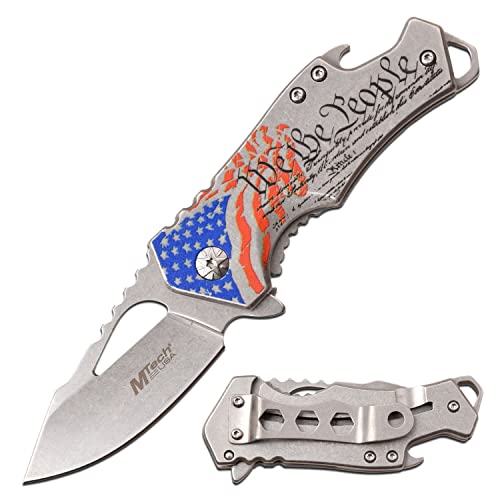 MTECH USA – Folding Knife – Stonewashed Stainless Steel Blade and Handle w/We The People Laser Etching, Frame Lock, Bottle Opener, Pocket Clip, EDC, MT-A882SAF