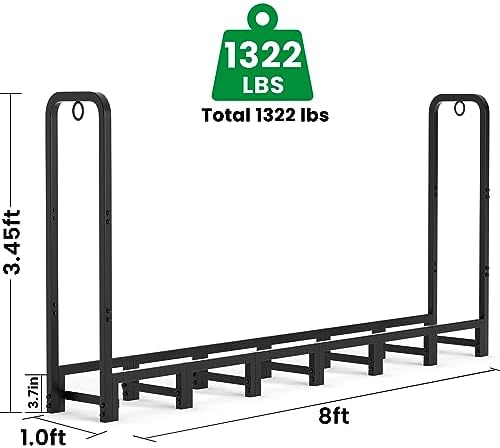 AMAGABELI GARDEN & HOME 8ft Firewood Rack Outdoor Heavy Duty Fire Wood Racks Outdoor for Firewood Log Holder Wrought Iron Firewood Log Racks Stand Wood Pile Lumber Storage Stacking Black