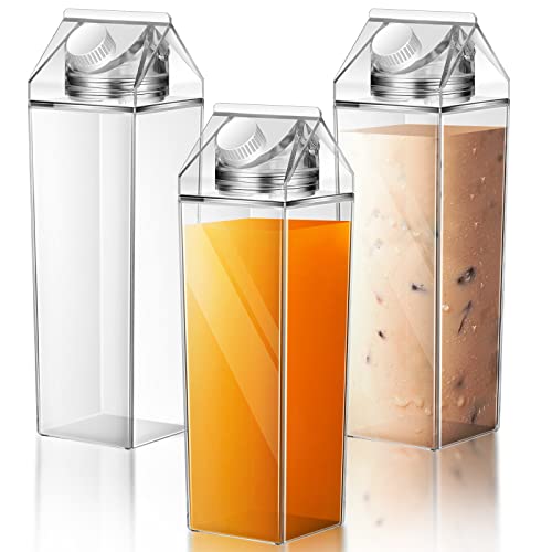 Remerry 3 Pcs 25oz Milk Carton Water Bottle Square Milk Bottle Plastic Coffee Milk Carton Bottle Portable Reusable Milk Carton Cup Leakproof Carton Shaped Juice Bottle (Clear)
