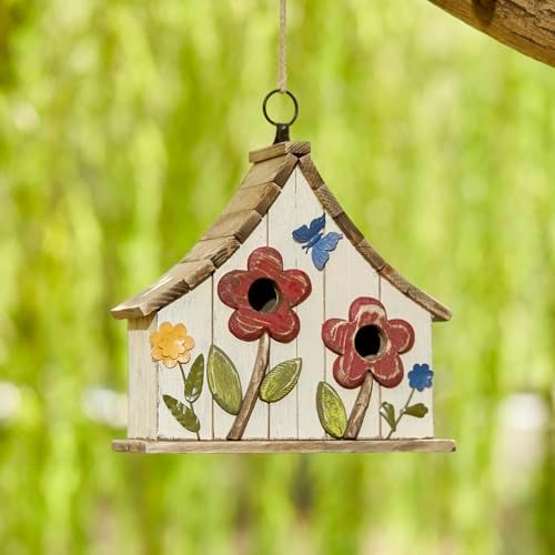 Glitzhome Hanging Birdhouses for Outside,10.75" L Distressed Solid Wood Birdhouse with 3D Flowers Rustic Two-Story Townhouse Hand-Painted Bird Houses for Outdoors,Washed White