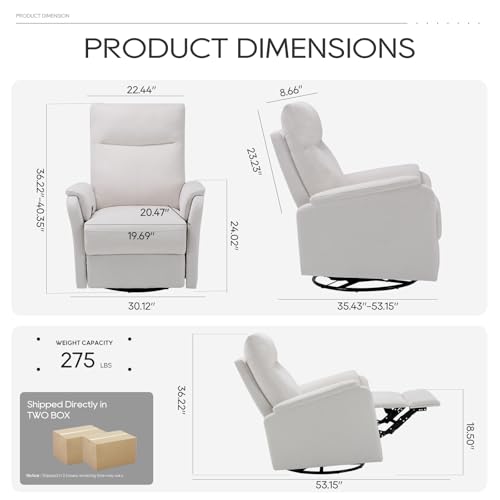 COLAMY Swivel Rocking Recliner Chair, Nursery Rocker Glider Recliner with Extra Large Footrest, Deep Seat, High Back, Upholstered Fabric Reclining Single Sofa for Living Room-White