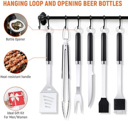 BBQ Accessories Grill Tools Set, Stainless Steel Grill Tools with 2 Squeeze Bottles, BBQ Grill Accessories Grilling Gift for Men & Women, Portable Grill Tools Utensils Kit for Camping, Kitchen