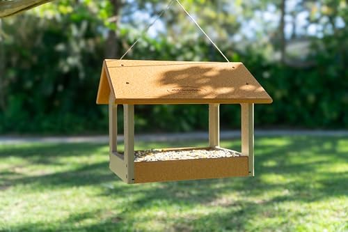 Amish USA Made Recycled Plastic Large Hanging Modern Fly Through Covered Roof Open Platform Tray Bird Feeder for Outdoors, Garden, Yard (Cedar & Weatherwood)
