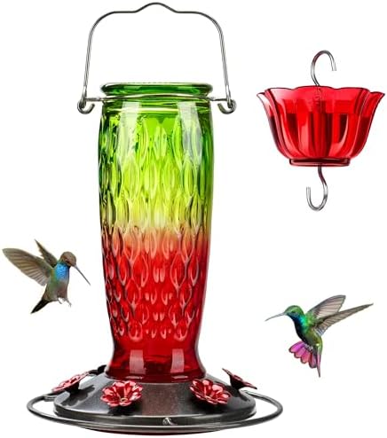Kingsyard Hummingbird Feeders for Outdoors Hanging, 24 Ounce, Glass Hummingbird Feeder with Ant Moat & 6 Bee Guard Feeding Ports, Leak-Proof, Green & Red