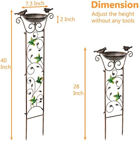 Antique Garden Iron Trellis with Decorative Hummingbirds Detachable Bird Bath Bowl Metal Potted Plant Support for Climbing Flowers