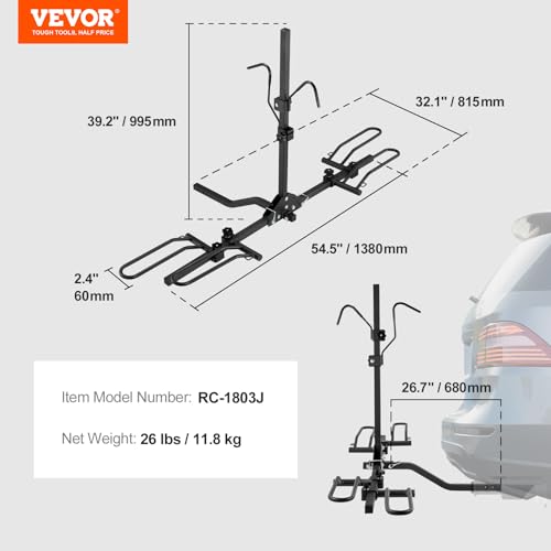 VEVOR Hitch Mount Bike Rack, 80 LBS Capacity Ebike Rack, 2-Bike Platform Style for 1.25-/2-inch Hitch Receiver, Titling and Folding Bike Carrier with Tires up to 2.4" Wide, for Car, SUV, Truck, RV