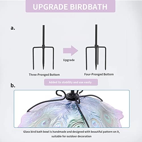 MUMTOP Glass Bird Bath, Garden Outdoor Birdbaths Birdfeeder with Metal Stake Peacock Bird Baths for Outside Yard