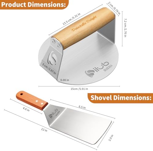 Burger Press 304 Stainless Steel Smash Burger Press with Wide Turner, 6" Hamburger Smasher Tool, Hamburger Press Perfect for Meat Weight Press, Cooking, and Burger Smasher for Grill Cooking