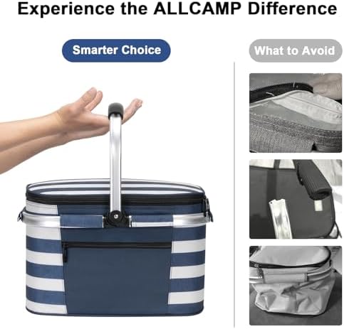 ALLCAMP Insulated Picnic Baskets Shoping Basket Cooler Bag Collapsible Portable Picnic Basket (Blue White Stripe)