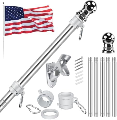 American Flag Pole Kit, Including 100% Polyester 3x5 ft US Flag, 5 Ft Aluminum White No Tangle Spinning Pole and Multi-Position Flag Pole Bracket