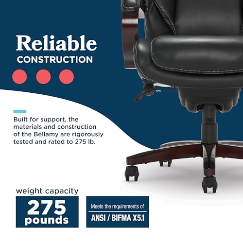 La-Z-Boy Bellamy Executive Office Chair with Memory Foam Cushions, Real Wood Arms and Swivel Base, Waterfall Seat Edge, Faux Bonded Leather, Black