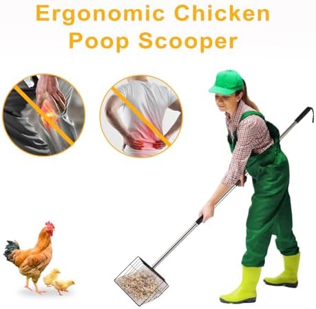 10 Inch Large Chicken Poop Scooper, 5 in 1 Chicken Coop Scoop with 22" to 67" Adjustable Stainless Steel Handle, Litter Sifting Shovel for Chicken Coop, Farm, Sheep Pen, Cat Litter, Stable Cleaning