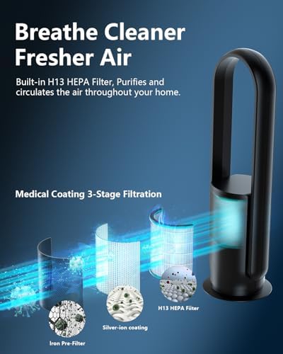 ULTTY Bladeless Tower Fan with HEPA Filter, 90° Oscillating Tower Fan, Remote Control, Touch, 8H Timer, 9 Speeds, Powerful Floor Fan for Bedroom Room Home Office, CR022, Black