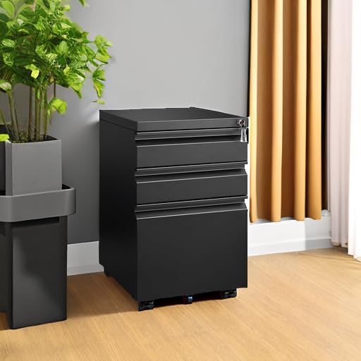 Approgreent 3 Drawer File Cabinet for Home Office, Under Desk Mobile Filing Cabinet with Lock for A4-Size/Letter-Size/Legal-Size, Black (HSEJ-3D)