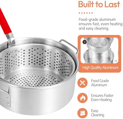 Aluminum Fish Fryer Pot with Basket | 10QT Deep Frying Pot with Handle | Outdoor Oil Fryer pan with Fry Basket | Cooking Pot | Fried Chicken, Fish, Seafood, Turkey Legs, French Fries