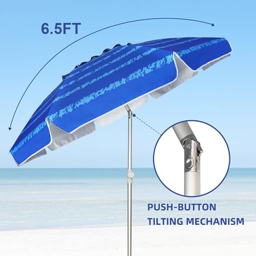 AMMSUN Beach Umbrellas for Sand Heavy Duty Wind Portable, 6.5 ft Beach Umbrella with Sand Anchor & UV Protection, Carry Bag for Outdoor Patio Garden Outdoor, Blue