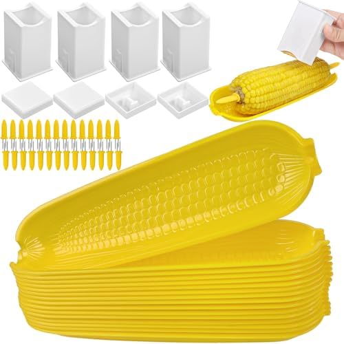 Aodaer Plastic Corn Trays Corn Cob Holders and Dish Set with Corn Butter Spreaders Corn on the Cob Skewers Corn Dish Corn Holders Service Tray BBQ Tools Cob Dinnerware Set